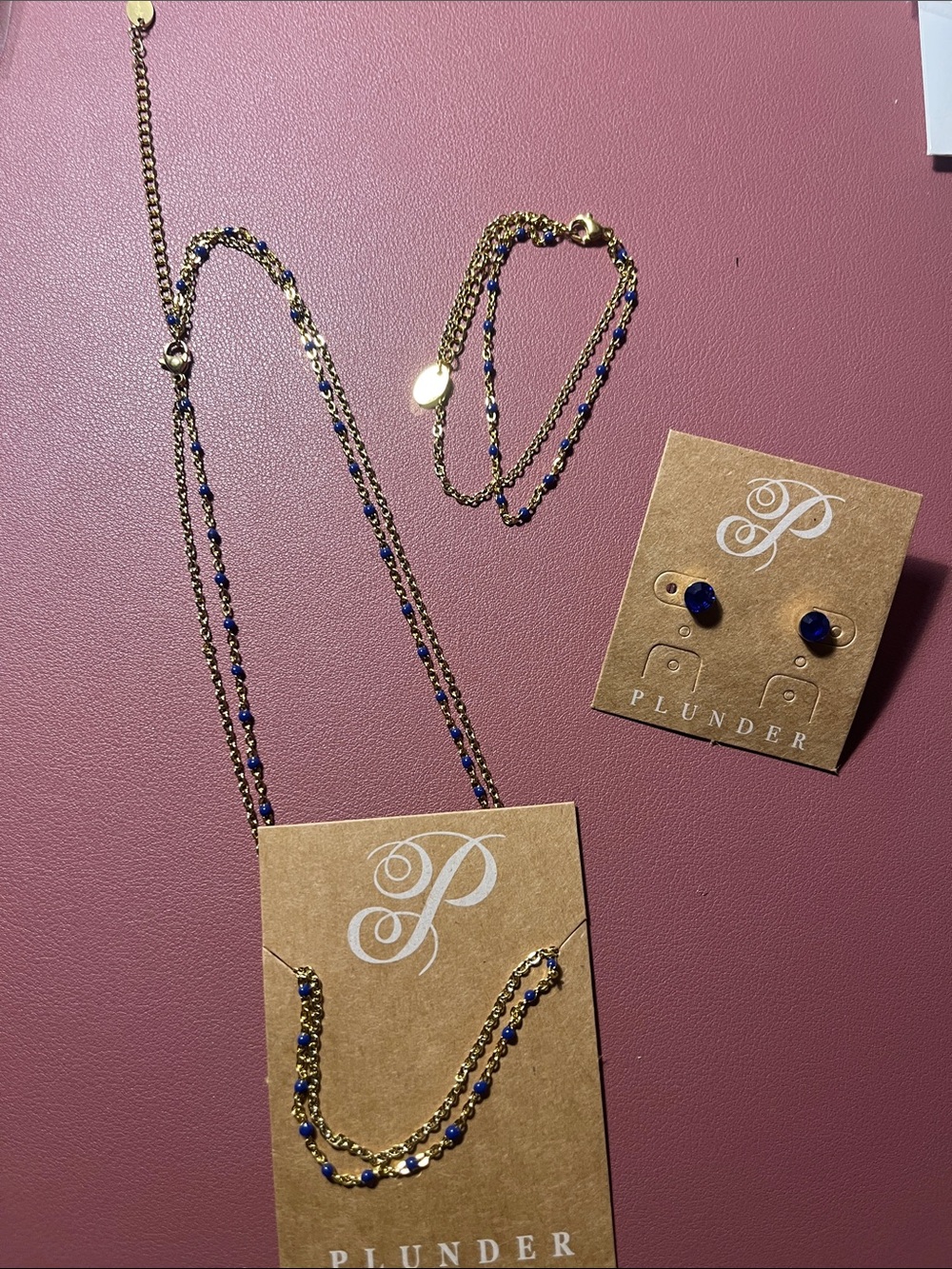 Plunder Gold and Navy Blue Bead Jewelry Trio - Necklace, Bracelet & Studs